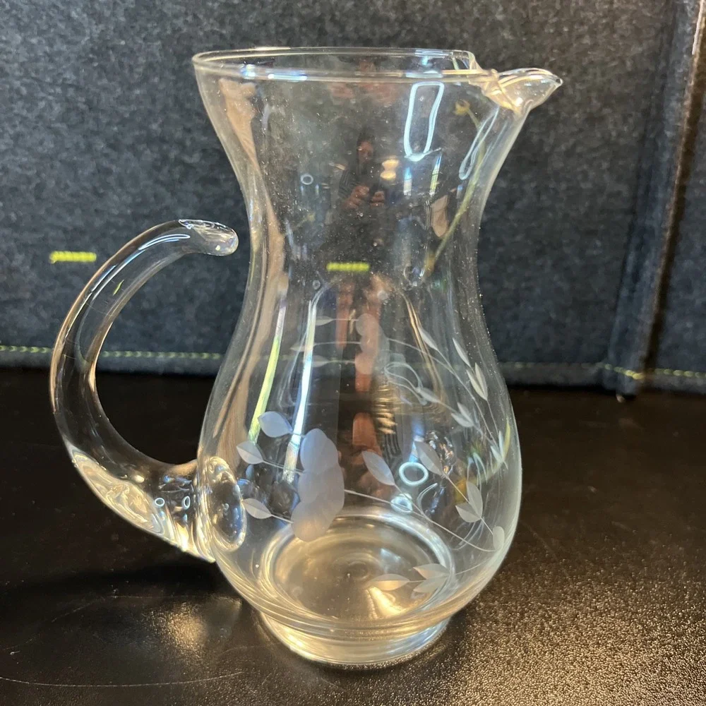 Vintage Princess House Heritage Glass Pitcher Flowers‎ Engraved/Etched 6 1/2